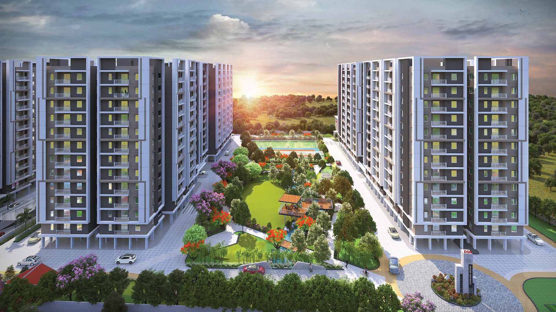 DSR Highland Greenz elevation view between buildings and play area in Doddakannelli Bengaluru