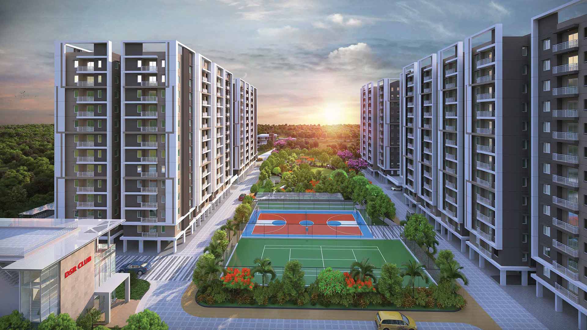 Alternate elevation view between residential towers with play area at dsr highland greenz in doddakannelli, bengaluru