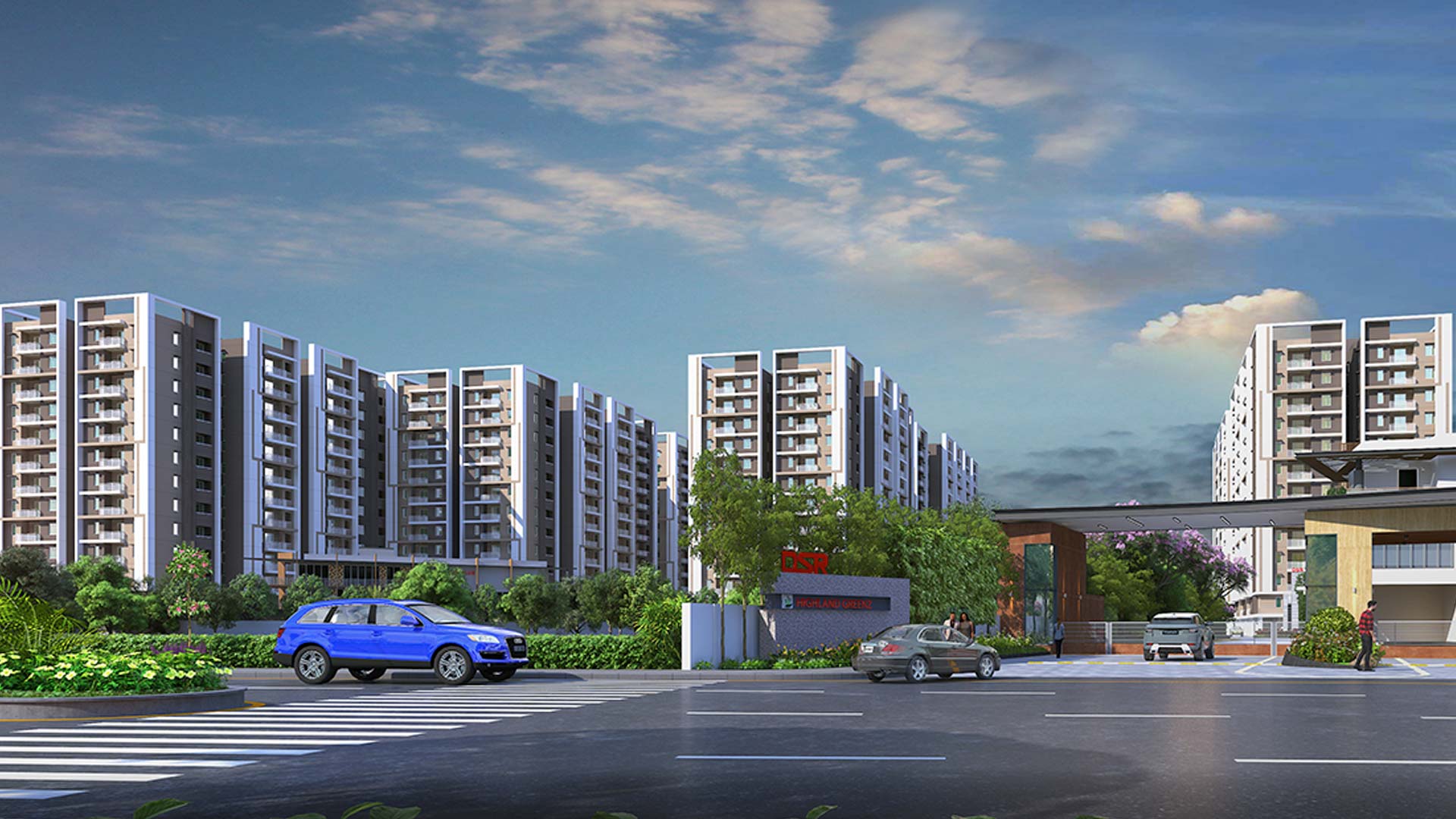 Front elevation view of DSR Highland Greenz residential apartments from the main entry at Doddakannelli, Bengaluru