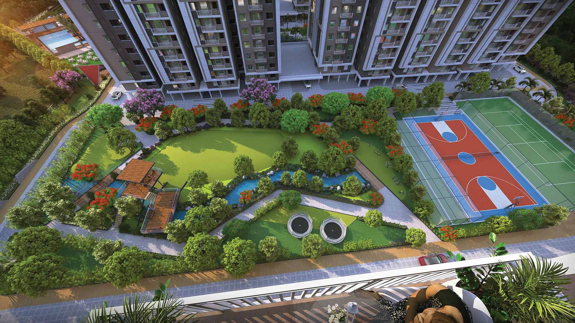 Top view of landscaped relaxed seating area at dsr highland greenz in doddakannelli, bengaluru