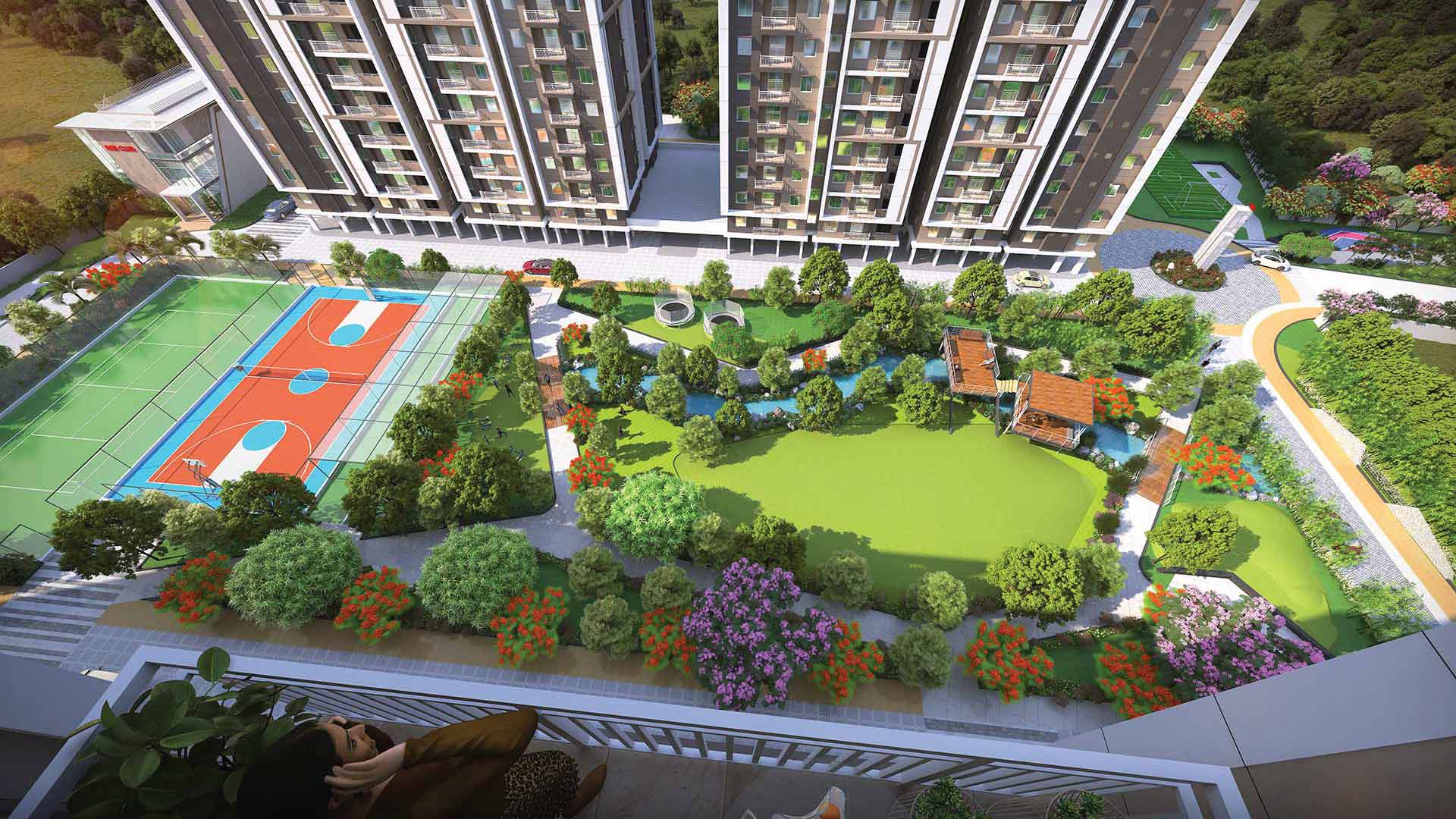 Relaxed seating and landscaped open area at dsr highland greenz in doddakannelli, bengaluru