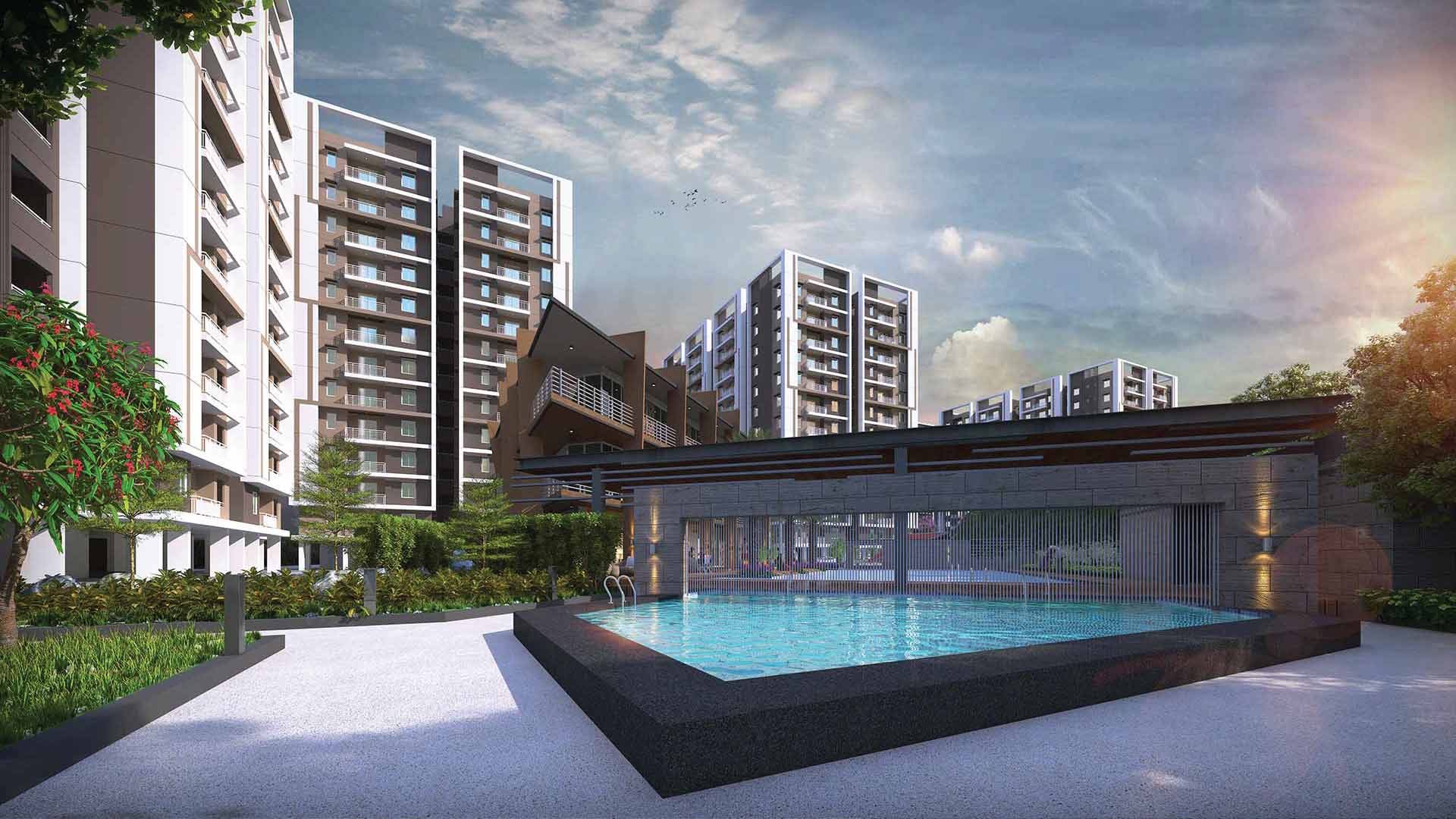 Swimming pool view at dsr highland greenz in doddakannelli, bengaluru